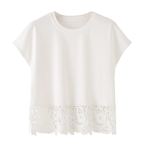 Maglietta da Donna Casual in Cotone Bianca Girocollo Manica Corta Elegante Cucitura in Pizzo Orlo Traforato Top Estivi Larghi