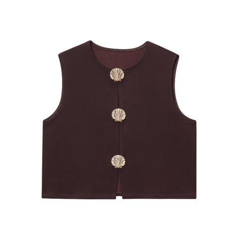 Chaleco Casual para Mujer Sin Mangas Cuello Redondo Ajustado Corto Con Botones de Concha Dorados Marrón Oscuro Moda Streetwear