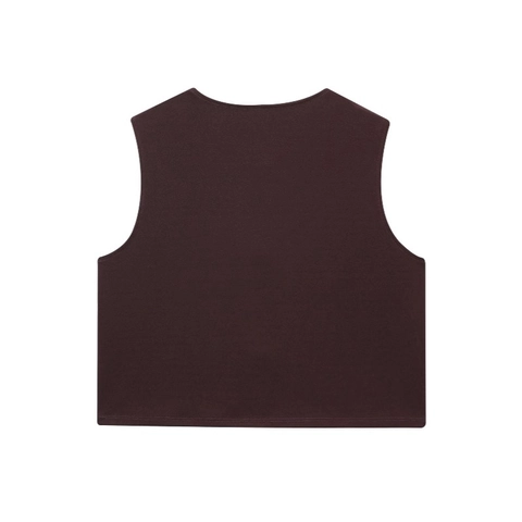 Chaleco Casual para Mujer Sin Mangas Cuello Redondo Ajustado Corto Con Botones de Concha Dorados Marrón Oscuro Moda Streetwear
