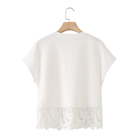 Maglietta da Donna Casual in Cotone Bianca Girocollo Manica Corta Elegante Cucitura in Pizzo Orlo Traforato Top Estivi Larghi