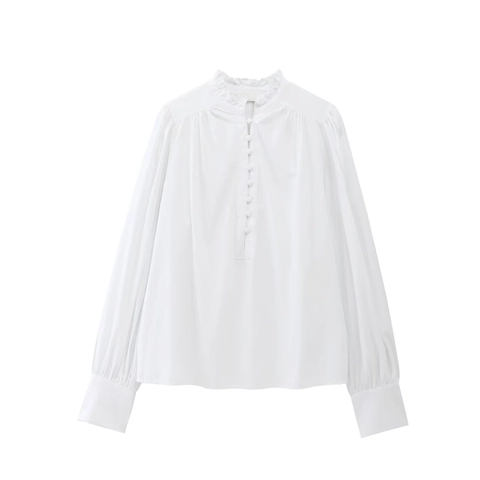 Elegant Women Cotton Blend Blouse Vintage Ruffled Collar Long Sleeve Striped White Button Down Shirt For Office Daily