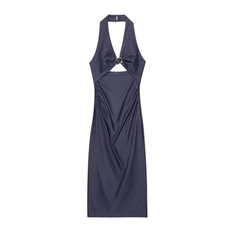 Robe Midi Dos Nu pour Femmes Aspect Denim Polyester Ajouré Anneau Métallique Froncé Streetwear Bleu Foncé