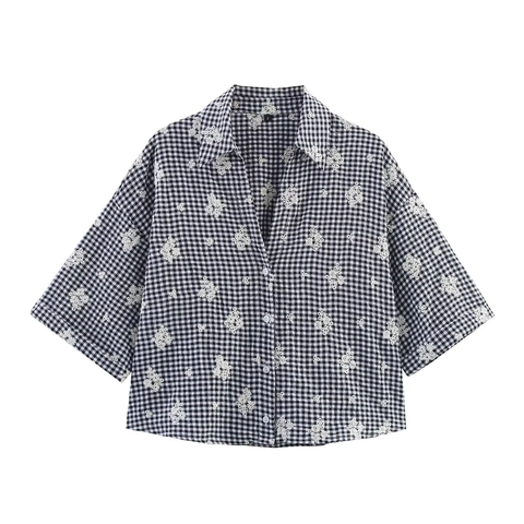 Camicia e Pantaloni da Donna con Quadretti e Ricamo Floreale Completo Estivo Casual Streetwear Top Boxy Orlo a Festoncino Pantaloni Larghi