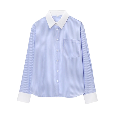 Women's Striped Long Sleeve Shirt Color Block Contrast Collar Button Down Blouse Commuter Tops