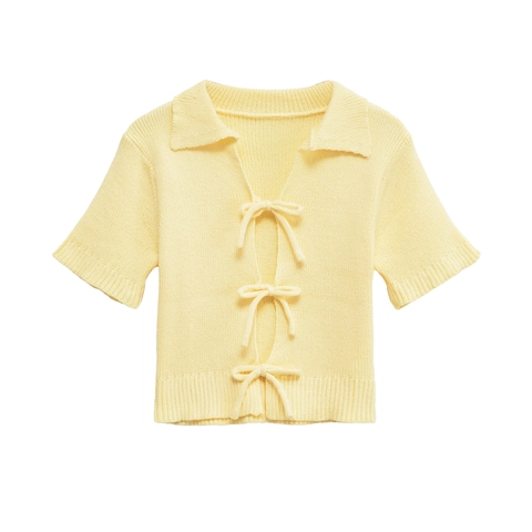 Women Sweet Short Sleeve Knit Polo Shirt With Bow Tie Mercerized Cotton Slim Fit Solid Lapel Ribbed Hem Summer Fashion Top