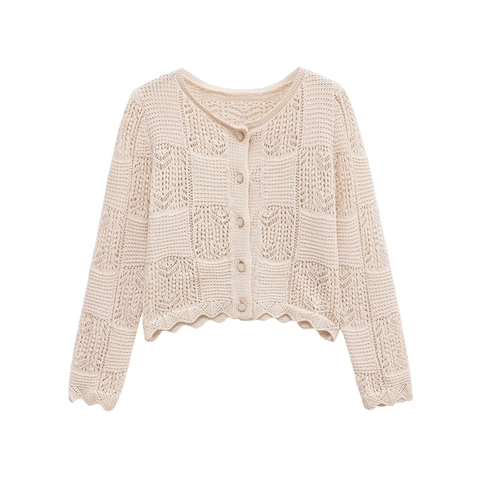 Women French Vintage Hollow Out Knit Cardigan Scalloped Edge Round Neck Long Sleeve Button Up Short Sweater Top Beige
