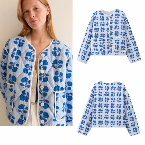 Women Casual Blue Rose Floral Quilted Jacket Diamond Lattice Long Sleeve Crew Neck Single Breasted Short Padded Coat Outwear