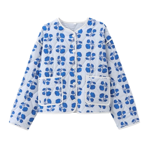 Women Casual Blue Rose Floral Quilted Jacket Diamond Lattice Long Sleeve Crew Neck Single Breasted Short Padded Coat Outwear