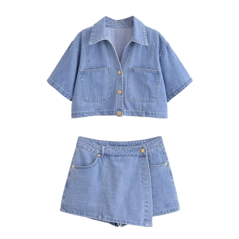 Women Retro Denim Two Piece Outfit Short Sleeve Lapel Button Down Crop Top And Asymmetrical Skort Streetwear Jeans Set