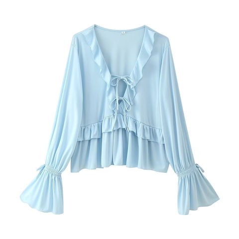Dames Casual Ruffle V-Hals Strikband Lange Mouw Top En Maxi-rok Lichtblauw Boheems Zomer Outfit Polyester Kleding