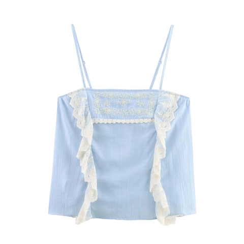 Damen Hellblau Spitze Stickerei Trägertop Casual Blumen Spaghettiträger Ärmelloses Strukturiertes Sommer Top