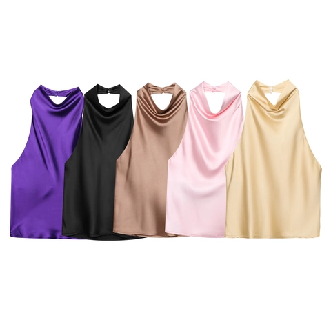 Elegante Top da Donna Allacciato al Collo in Raso Scollo a Cappuccio Senza Maniche Sexy Slim Fit Solido Per Festa Estiva