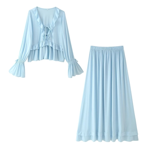 Dames Casual Ruffle V-Hals Strikband Lange Mouw Top En Maxi-rok Lichtblauw Boheems Zomer Outfit Polyester Kleding
