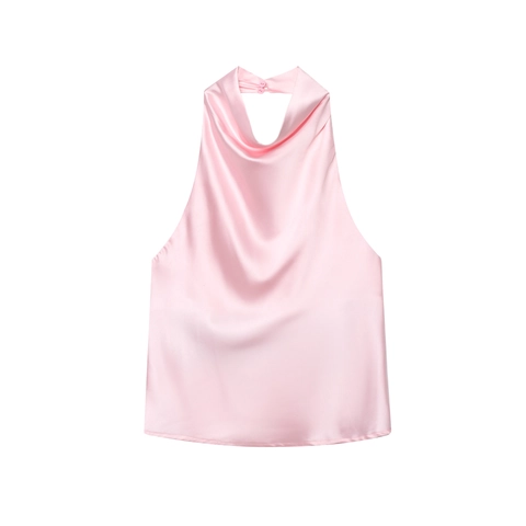 Elegante Top da Donna Allacciato al Collo in Raso Scollo a Cappuccio Senza Maniche Sexy Slim Fit Solido Per Festa Estiva