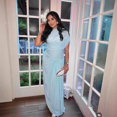 Elegant Sky Blue Sleeveless Maxi Dress Women Summer Mesh Patchwork Pleated Ruched Bodycon Party Evening Wedding Formal Gown