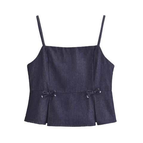Caraco en Denim Bleu Foncé pour Femme avec Col Carré et Nœud Top à Volant Mode Été Vêtements Streetwear Sans Manches