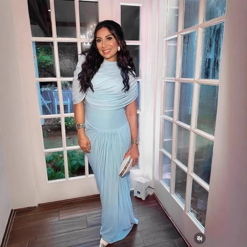 Elegant Sky Blue Sleeveless Maxi Dress Women Summer Mesh Patchwork Pleated Ruched Bodycon Party Evening Wedding Formal Gown