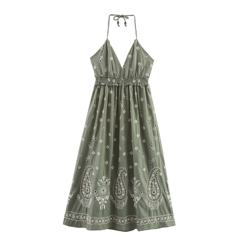 Bohemian Halter Neck Maxi Dress For Women Summer Embroidery Paisley Backless Smocked Waist Cotton Blend Vacation Dress