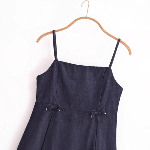 Caraco en Denim Bleu Foncé pour Femme avec Col Carré et Nœud Top à Volant Mode Été Vêtements Streetwear Sans Manches