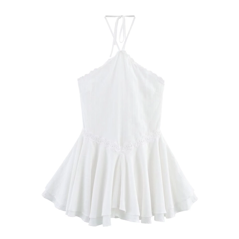Damen Sexy Weiß Halter Rückenfrei Mini Kleid Spitze Ruffle Sommer Urlaub Ärmellos Baumwollmischung Party Kleid