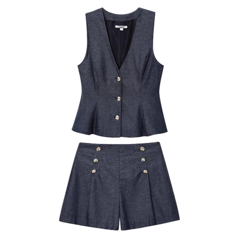 Damen Denim-Textur Schößchen Weste Und Hohe Taille Weite Shorts Co-ords Knöpfen Ärmelloses Top Und Shorts Outfits