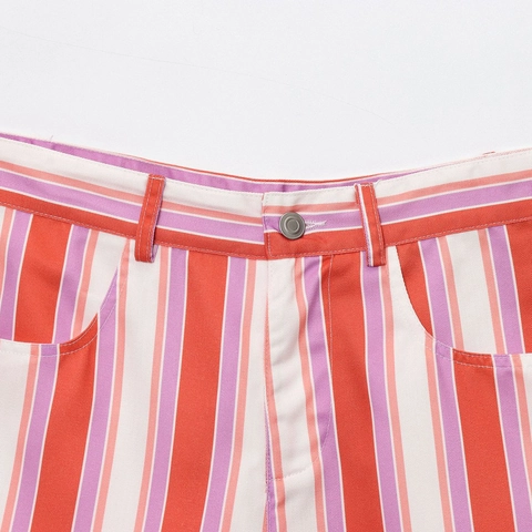 Pantaloncini Casual a Righe Donna Estate Vita Alta Larghi Gamba Dritta Righe Verticali Colorate Misto Cotone Hot Pants