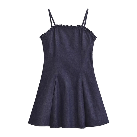 Robe à Bretelles en Denim Décontractée pour Femme Bordure à Volants Imprimé Floral Coupe en A Mini Robe d'été Vintage Douce