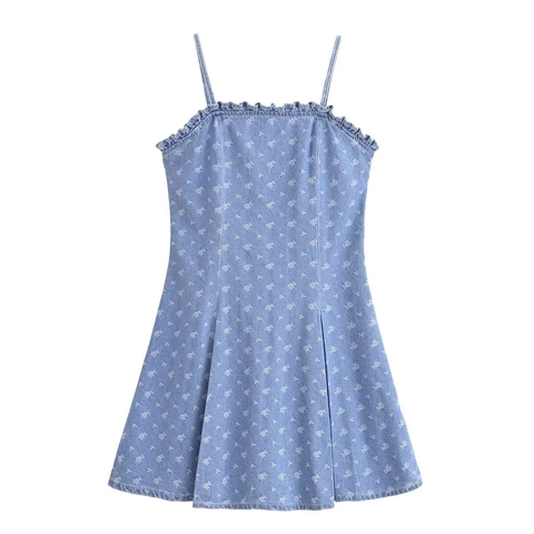 Robe à Bretelles en Denim Décontractée pour Femme Bordure à Volants Imprimé Floral Coupe en A Mini Robe d'été Vintage Douce
