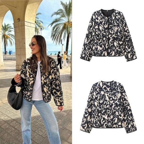 Women Leopard Print Quilted Jacket Fashion Round Neck Snap Button Long Sleeve Padded Outerwear With Pockets Casual Top