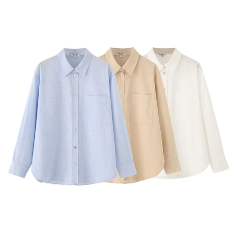 Chemise Casual en Lin pour Femme Manches Longues Col Revers Blouse Couleur Unie Respirant Coupe Ample Top de Printemps
