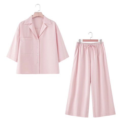 Dames Casual Roze Effen Kleur Polyester Overhemd Top Wijde Pijpen Broek Onderkant Eenvoudig Elegant Loungewear Los Outfit