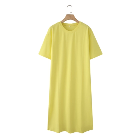 Women Casual Round Neck Side Slit T-Shirt Dress Short Sleeve Solid Color Loose Fit Cotton Blend Maxi Dress Summer Vestido