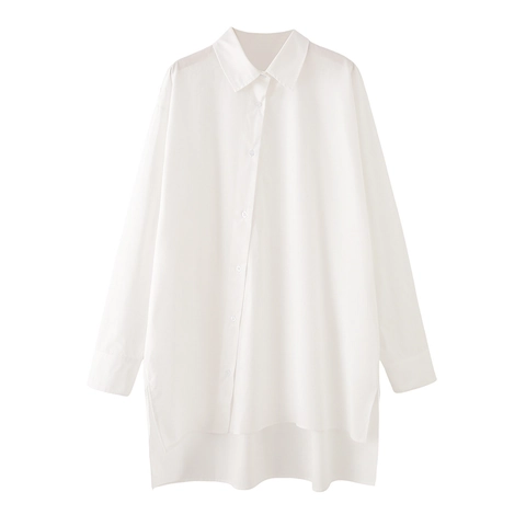 Dames Witte Lange Mouw Katoenpopeline Overhemd Blouse Met Onregelmatige Asymmetrische Gespleten Zoom Oversized Casual Kantoor Top