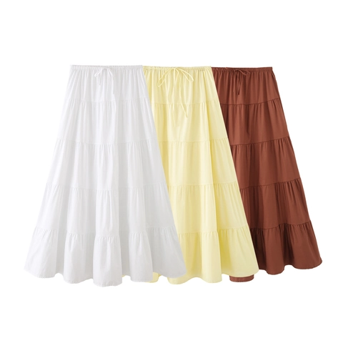Dames Katoenen Strokenrok Maxi Rok Gelaagd Elastische Taille Trekkoord Effen Kleur Boho Minimalistisch