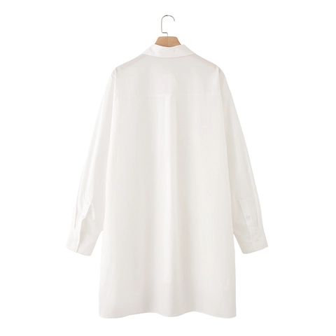Dames Witte Lange Mouw Katoenpopeline Overhemd Blouse Met Onregelmatige Asymmetrische Gespleten Zoom Oversized Casual Kantoor Top