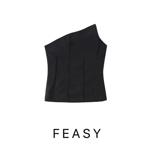 Top de Tubo Asimétrico Sexy de Un Hombro para Mujer Sin Mangas Ajustado Negro Camisola de Verano Minimalista Espalda Descubierta