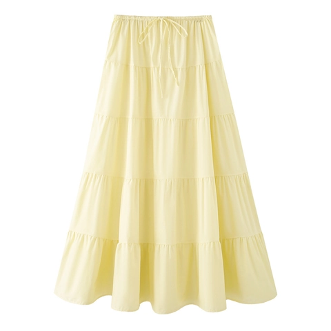 Bohemian Women Tiered Maxi Skirt High Waist Elastic Drawstring Cotton Blend Flowy Patchwork Long A-Line Cake Skirt