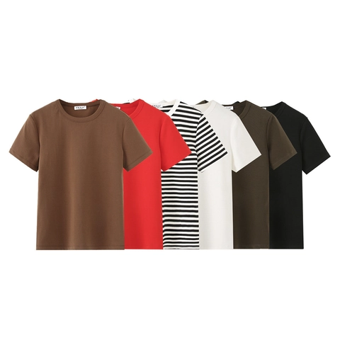 Γυναικείο Casual T-Shirt με Στρογγυλή Λαιμόκοψη και Κοντό Μανίκι από Μείγμα Βαμβακιού Μονόχρωμο Ριγέ Στενή Εφαρμογή Καλοκαίρι
