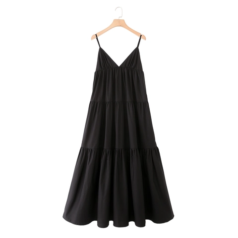 Vestido Largo Escalonado de 100% Algodón para Mujer Cuello en V Sin Mangas con Tirantes Finos Color Sólido Minimalista Playa Vacaciones Verano