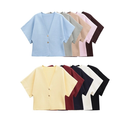 Dames Casual V-hals Gebreid Vest Korte Vleermuismouw Knoopsluiting Effen Kleur Polyester Lichtgewicht Streetstyle Sweater Top