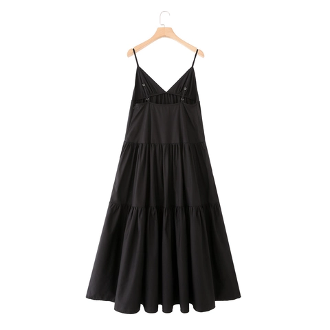 Vestido Largo Escalonado de 100% Algodón para Mujer Cuello en V Sin Mangas con Tirantes Finos Color Sólido Minimalista Playa Vacaciones Verano