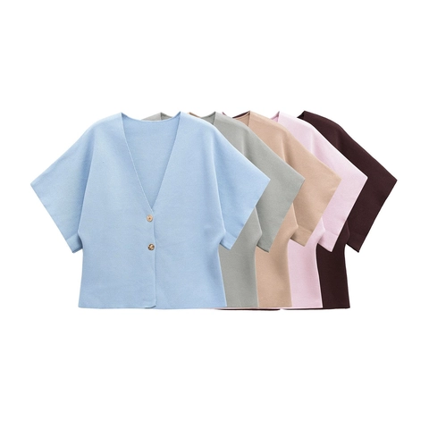 Dames Casual V-hals Gebreid Vest Korte Vleermuismouw Knoopsluiting Effen Kleur Polyester Lichtgewicht Streetstyle Sweater Top