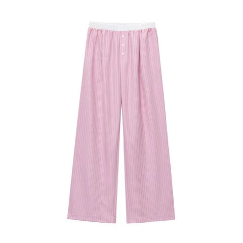 Pantalon Décontracté à Rayures pour Femmes Coupe Droite Taille Haute Élastique Rose Blanc Jambe Large Streetwear