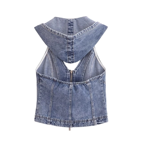 Damen Denim Tank Top Mit Kapuze Ärmellos Metall Doppelreißverschluss Slim Cropped Washed Blue Streetwear Retro Cami Top Weste