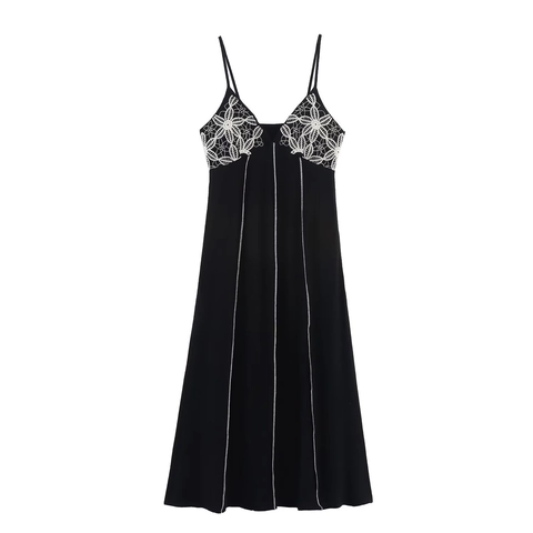 Damen Fashion Kontrastnähte Trägerkleid Spitze Blumenstickerei V-Ausschnitt Rückenfrei Midi Slip Kleid Elegant Sommer Party Outfit