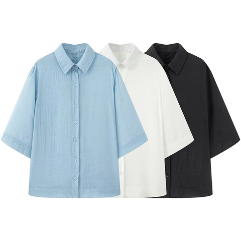 Chemise à Manches Courtes pour Femmes Élégante Blouse à Revers Boutonnée Top de Bureau Décontracté Couleur Unie Légère