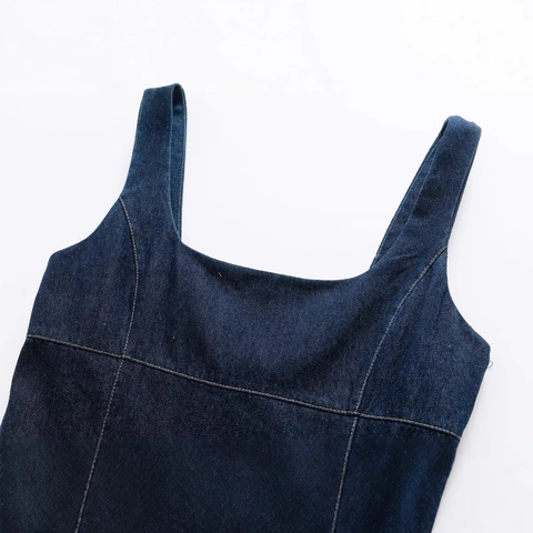 Dames Casual Denim Mini Jurk Vierkante Hals Mouwloos Donkerblauw Contrast Stiksels Streetwear A-Lijn Slim Sun Jurk