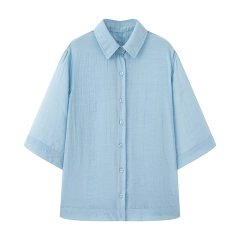 Chemise à Manches Courtes pour Femmes Élégante Blouse à Revers Boutonnée Top de Bureau Décontracté Couleur Unie Légère
