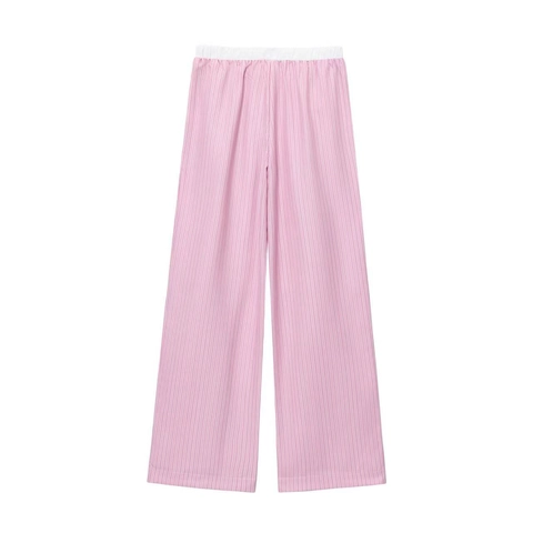 Pantalon Décontracté à Rayures pour Femmes Coupe Droite Taille Haute Élastique Rose Blanc Jambe Large Streetwear