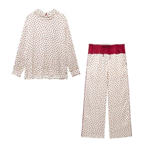 Completo da Donna Due Pezzi con Stampa Fragole Top a Maniche Lunghe con Volant e Pantaloni a Gamba Larga con Coulisse